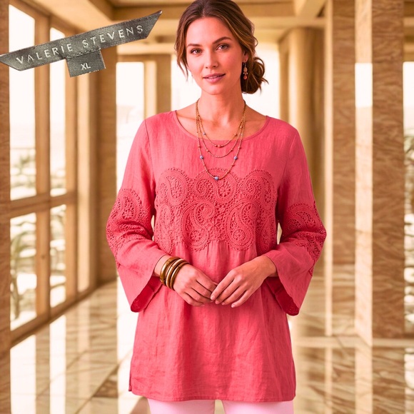 Valerie Stevens Tops - VALERIE STEVENS Women's Pink Crochet Paisley Lace Boho Bell Sleeve Top XL
